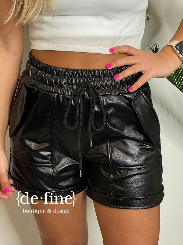 Black Faux Leather Shorts with Pockets