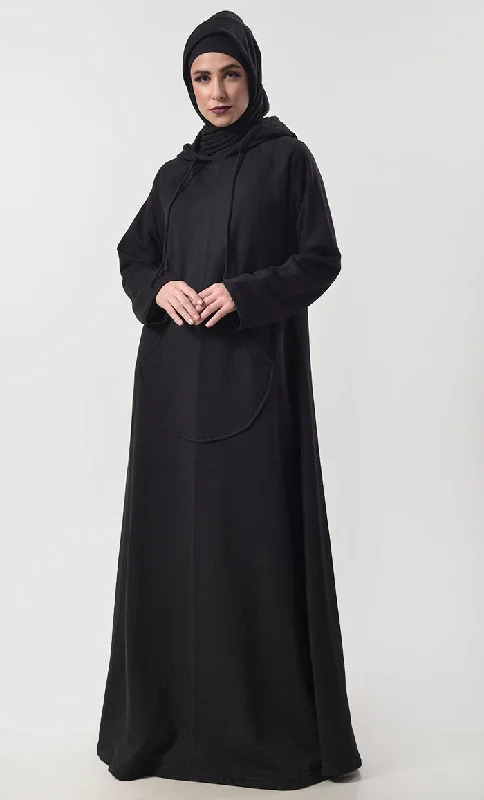 Black Fleece Warm Hoody Abaya With Pockets