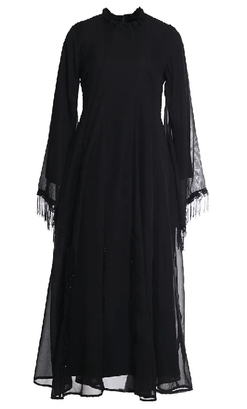 Black Fringes Lace Intricate Abaya