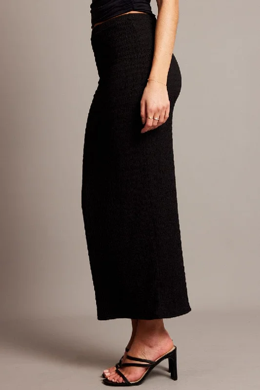 Black Midi Skirt High Rise Textured Jersey