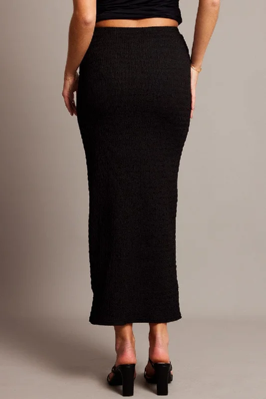 Black Midi Skirt High Rise Textured Jersey