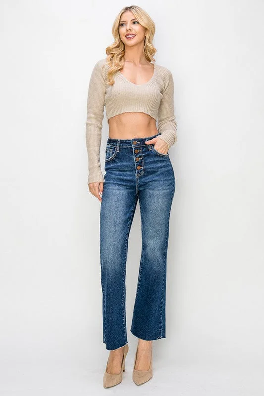 Button Fly Cropped Flare Dark Jeans