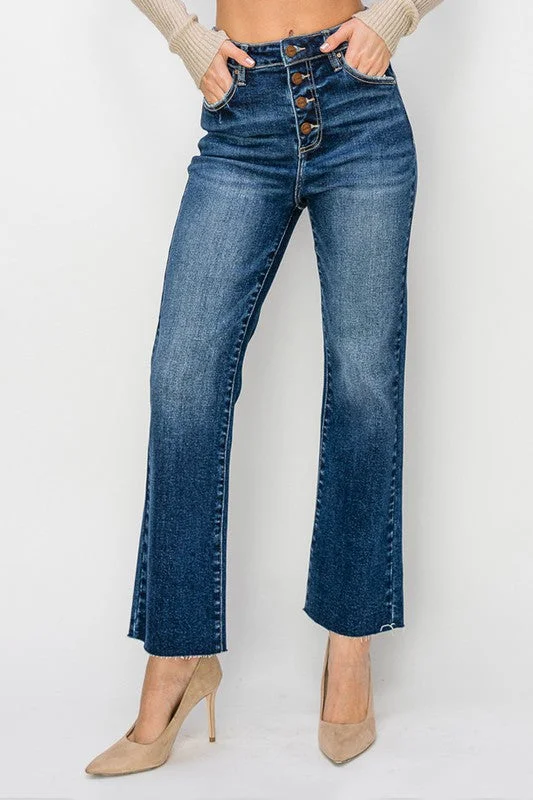 Button Fly Cropped Flare Dark Jeans