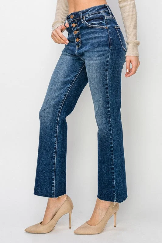 Button Fly Cropped Flare Dark Jeans