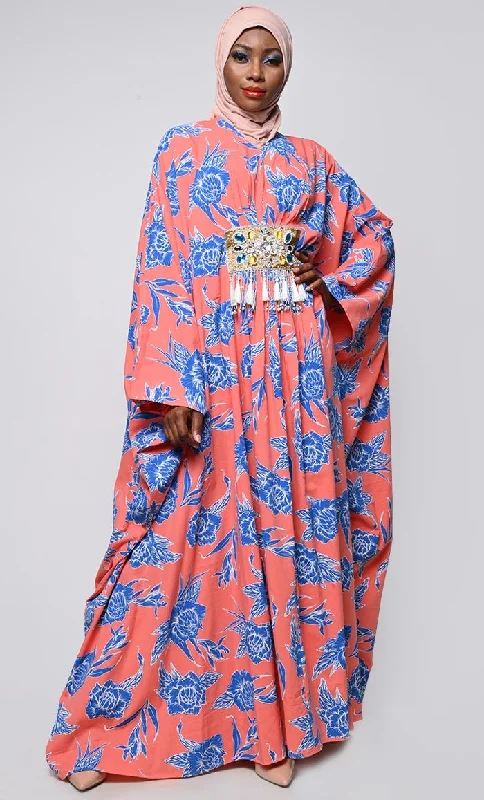 Contrasted Floral Printed Applique Work Detailing Full Flairy Kaftan