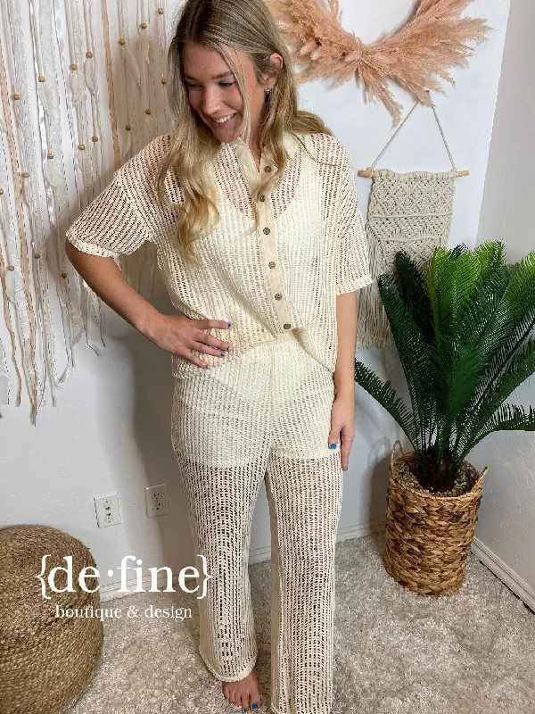 Cream Crochet Button Up and Pants Beach Set