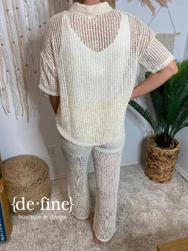 Cream Crochet Button Up and Pants Beach Set