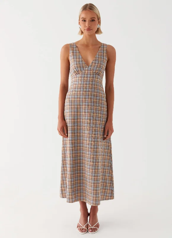 Daphny Gathered Bust Midi Dress - Check