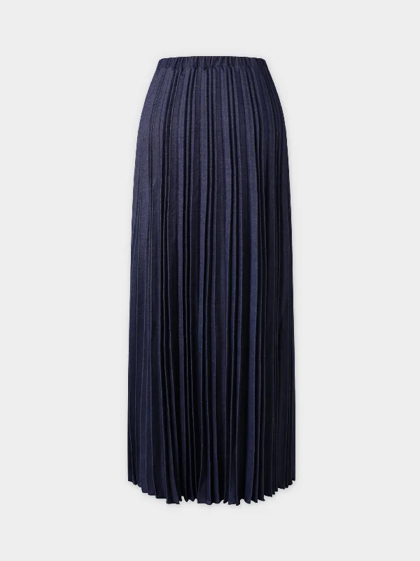 Denim Pleated Skirt-Dark Blue