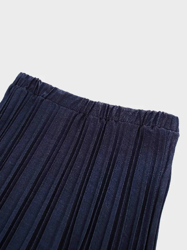 Denim Pleated Skirt-Dark Blue