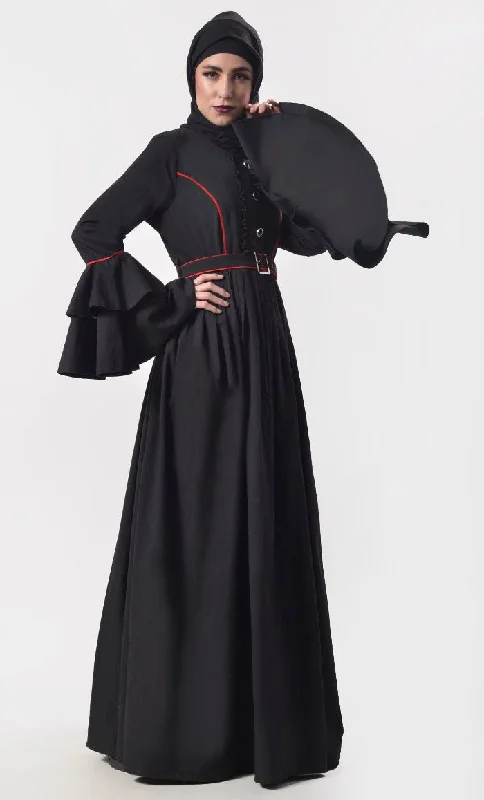 Elegant Black Contrast Red Piping Detailing Abaya With Belt And Pockets