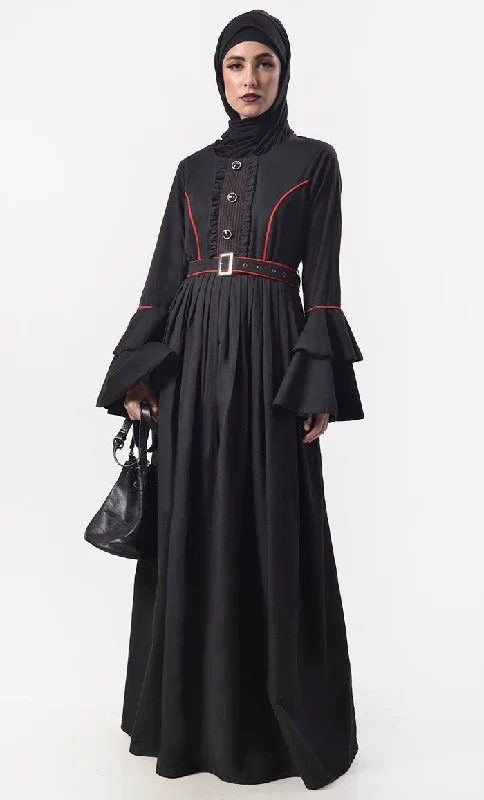 Elegant Black Contrast Red Piping Detailing Abaya With Belt And Pockets