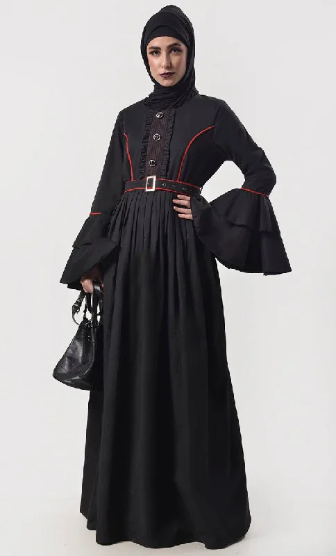 Elegant Black Contrast Red Piping Detailing Abaya With Belt And Pockets