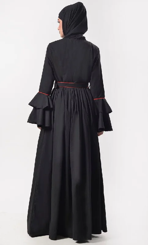 Elegant Black Contrast Red Piping Detailing Abaya With Belt And Pockets