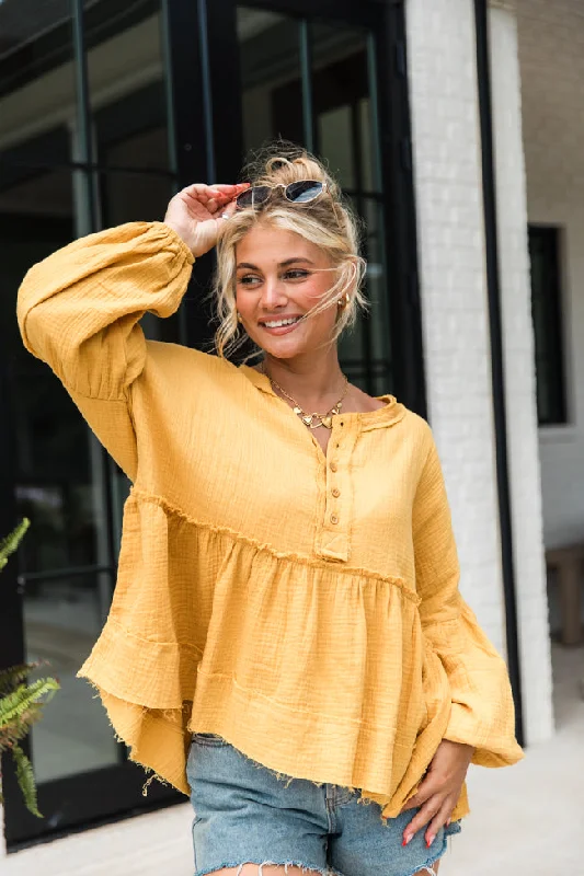 Escaping Reality Mustard Oversized Henley Blouse