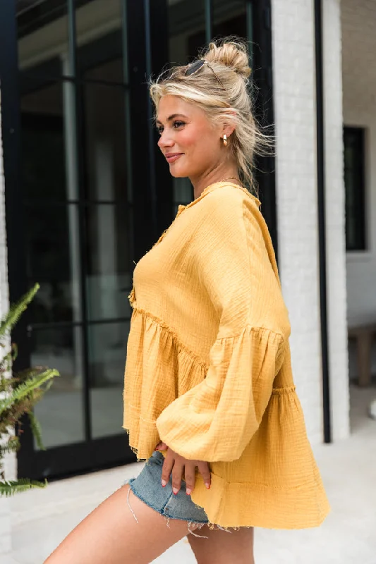 Escaping Reality Mustard Oversized Henley Blouse