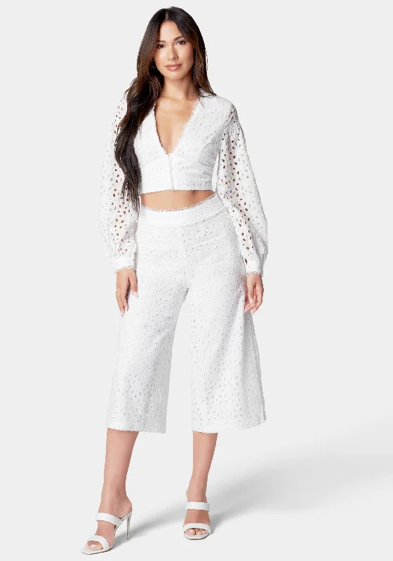 Eyelet Detail Wide Leg Pant