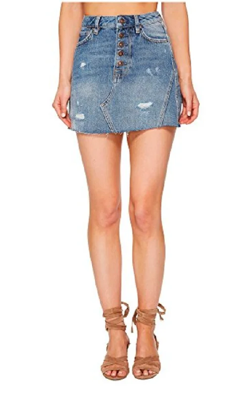 Free People - Distressed Raw Hem Denim A-Line Skirt in Indigo/Blue