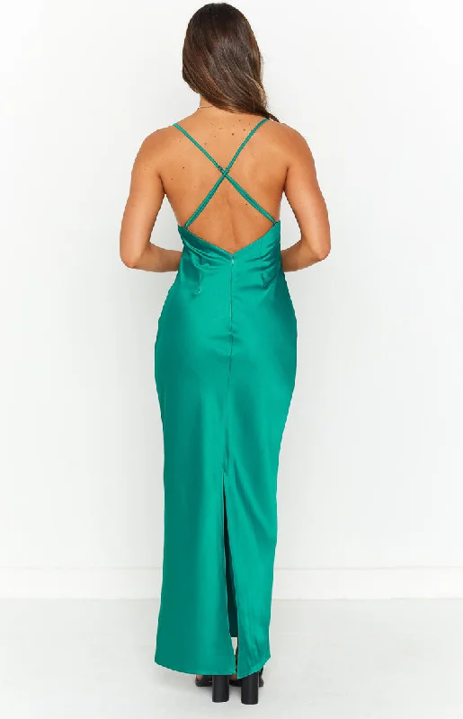 Hermitude Emerald Satin Maxi Formal Dress