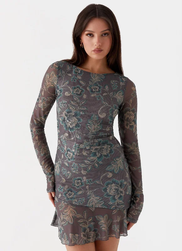 Ines Long Sleeve Mini Dress - Brown Floral