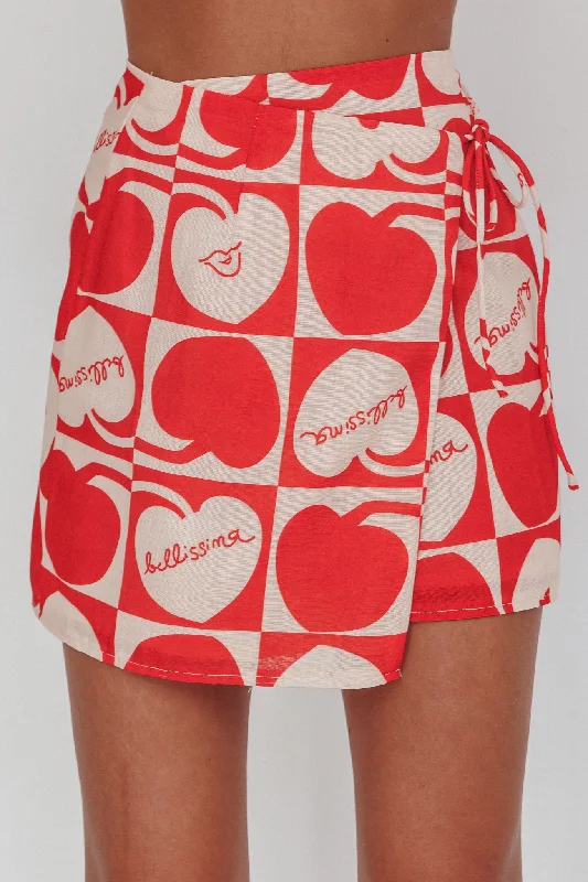 Ithaca Cherry Print Mini Wrap Skirt Red Beige