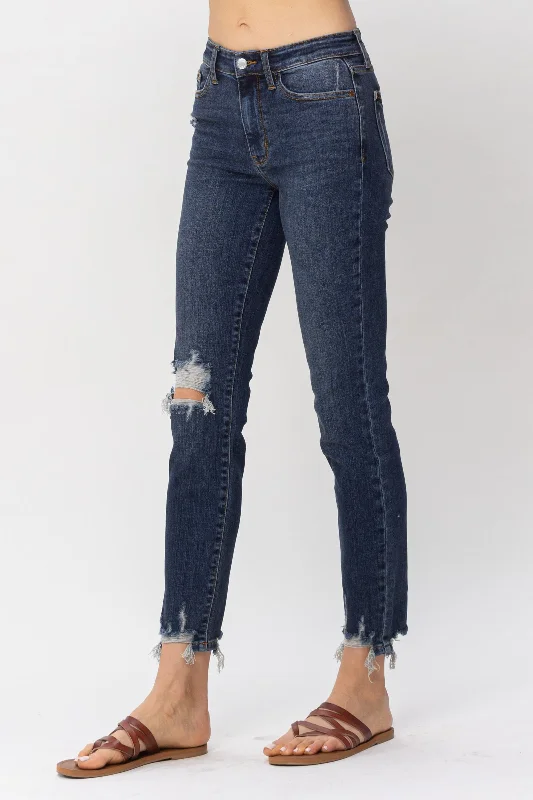 Judy Blue Darlene High Waist Chopped Hem Relaxed Jeans - Dark Wash