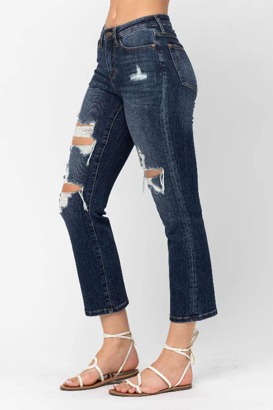 Judy Blue Reese Mid-Rise Crop Leg Straight - Dark Wash