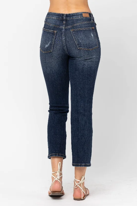 Judy Blue Reese Mid-Rise Crop Leg Straight - Dark Wash