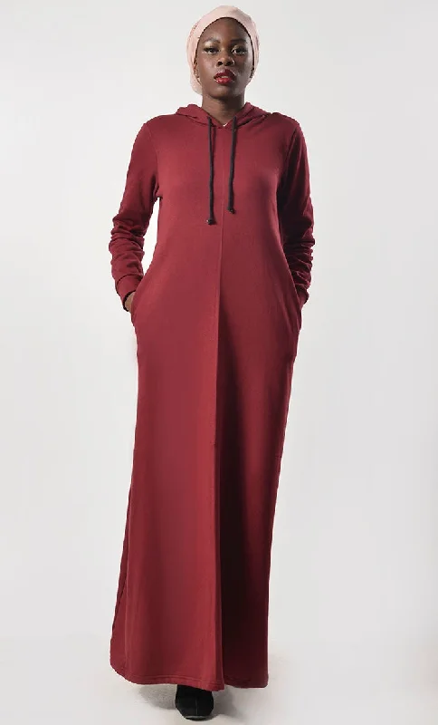 Maroon Fleece Warm Hoody Abaya With Pockets