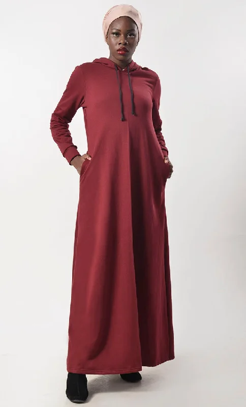 Maroon Fleece Warm Hoody Abaya With Pockets