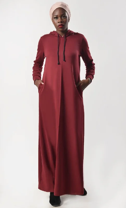 Maroon Fleece Warm Hoody Abaya With Pockets