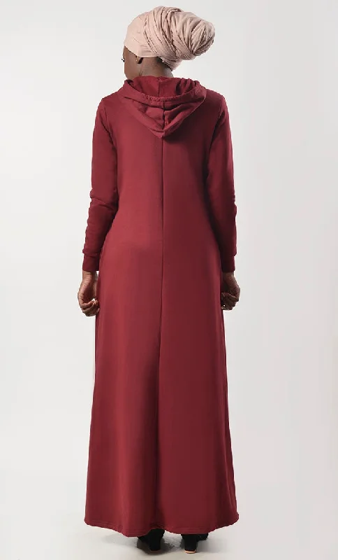 Maroon Fleece Warm Hoody Abaya With Pockets