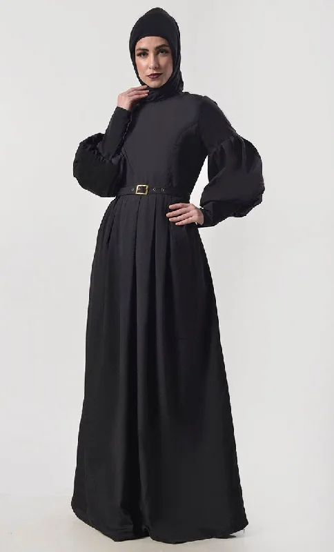 Modern Sleeve Detailing Black  Abaya With Pockets And Belt