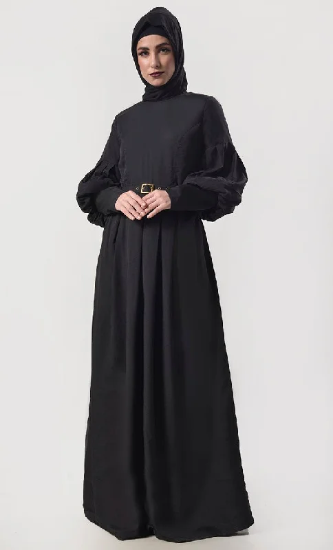 Modern Sleeve Detailing Black  Abaya With Pockets And Belt