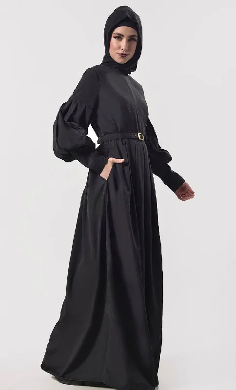 Modern Sleeve Detailing Black  Abaya With Pockets And Belt