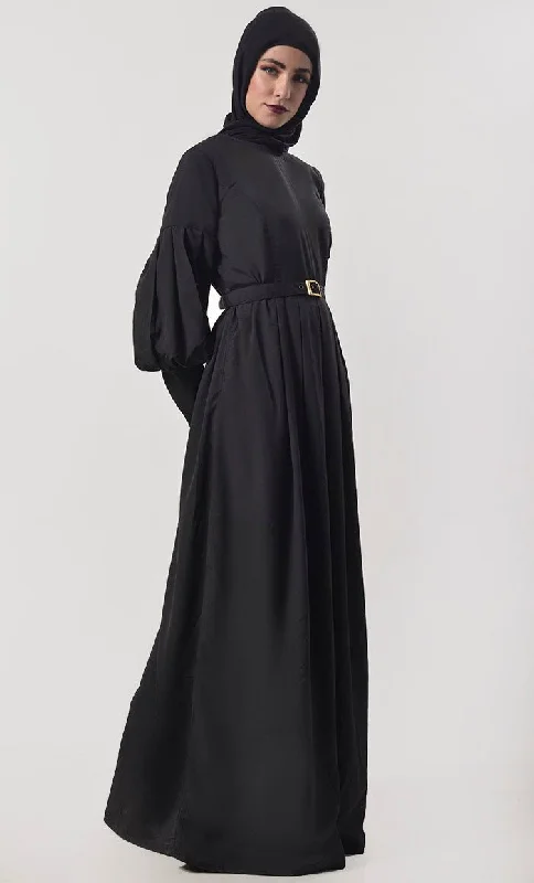 Modern Sleeve Detailing Black  Abaya With Pockets And Belt