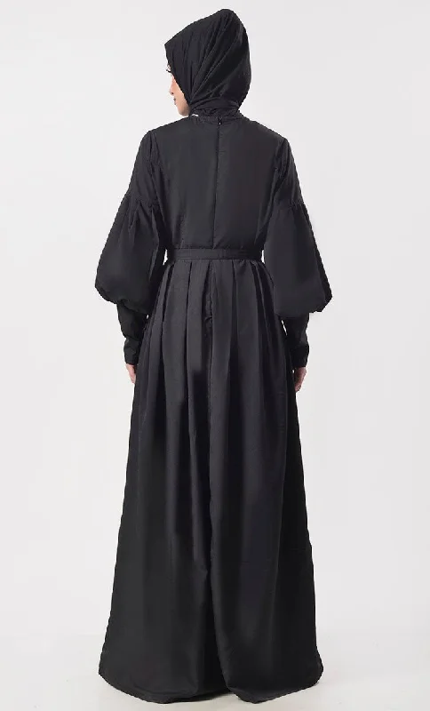 Modern Sleeve Detailing Black  Abaya With Pockets And Belt