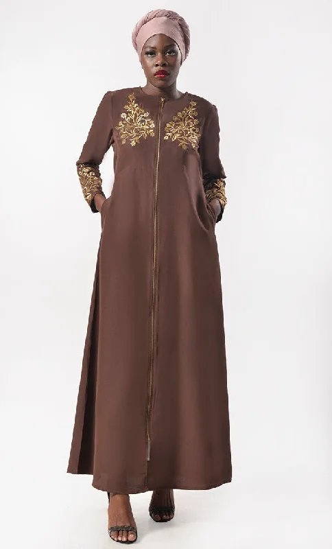 Modest Classic Applique Work Abaya  With Pockets