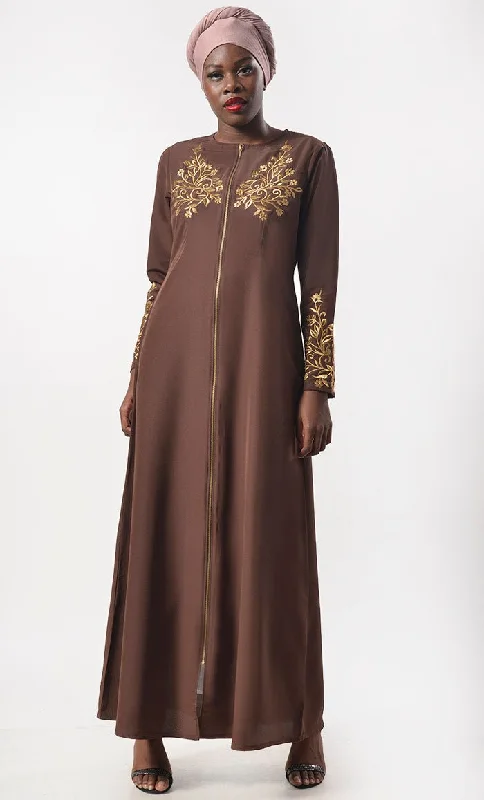 Modest Classic Applique Work Abaya  With Pockets