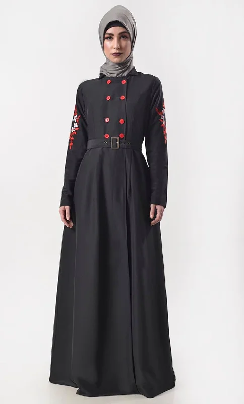 Modest Classic Black Embroidered Abaya With Pockets