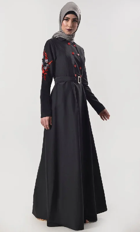 Modest Classic Black Embroidered Abaya With Pockets