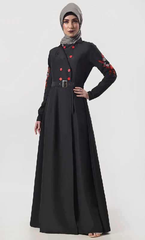 Modest Classic Black Embroidered Abaya With Pockets