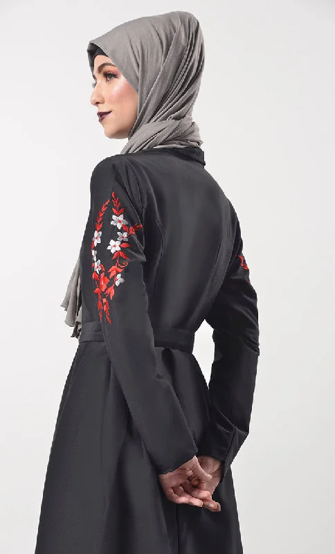 Modest Classic Black Embroidered Abaya With Pockets