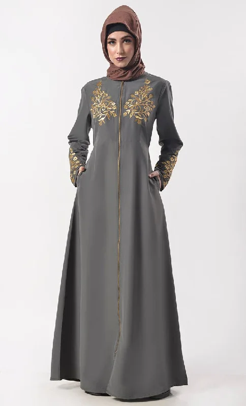 Modest Classic Grey Applique Work Full Length Zipper Abaya  With Pockets