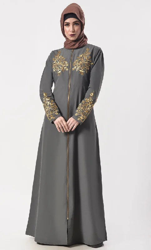 Modest Classic Grey Applique Work Full Length Zipper Abaya  With Pockets