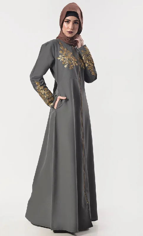 Modest Classic Grey Applique Work Full Length Zipper Abaya  With Pockets