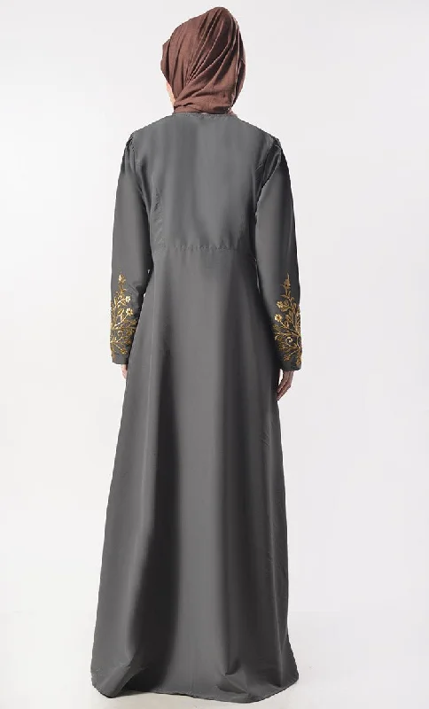 Modest Classic Grey Applique Work Full Length Zipper Abaya  With Pockets