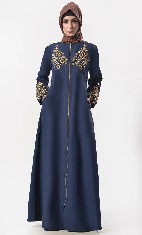 Modest Classic Navy Applique Work Full Length Zipper Abaya  With Pockets