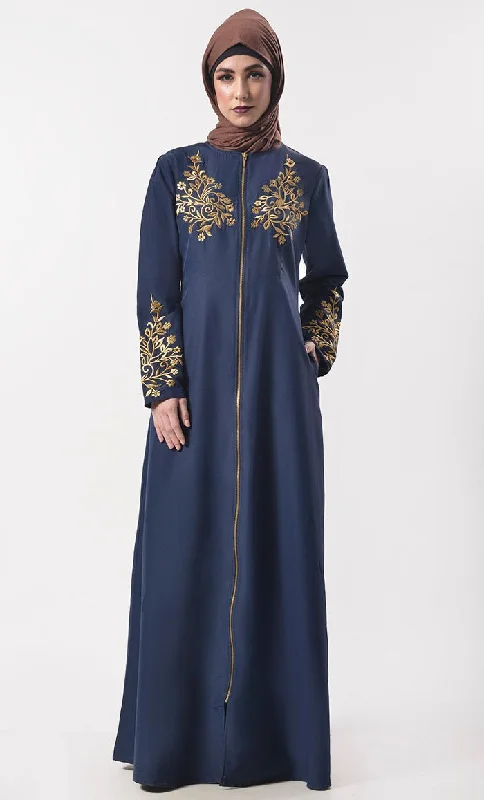 Modest Classic Navy Applique Work Full Length Zipper Abaya  With Pockets