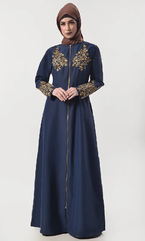 Modest Classic Navy Applique Work Full Length Zipper Abaya  With Pockets